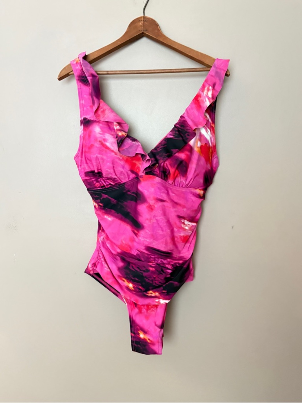 DKNY pink abstract swimsuit ruffle neck tummy control one piece summer L EUC